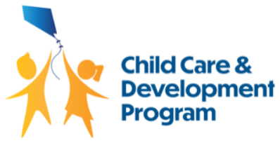Illustration of two children flying a kite with the words Child Care & Development Program