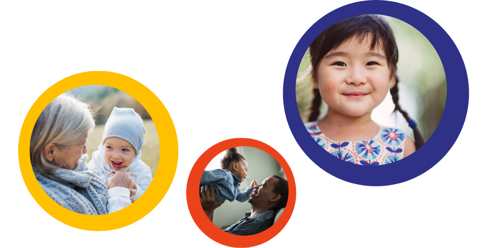 Thee round color photos with bright orange and yellow borders. One shows an elderly white woman holding a baby outdoors. The other shows a black man holding a small child how is touch his face. The third shows a smiling Asian 5 year-old girl with pigtails and a colorful dress.