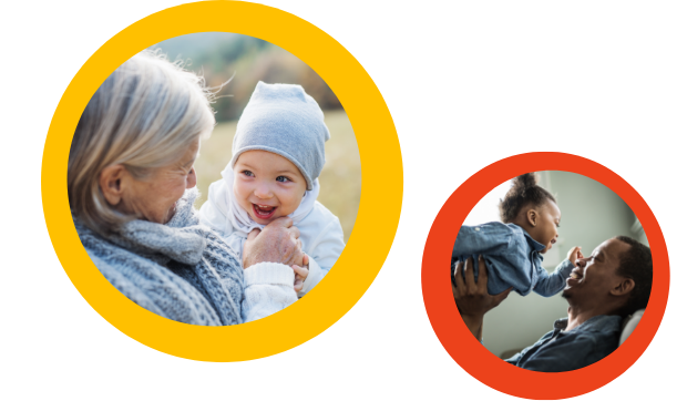 Two round color photos with bright orange and yellow borders. One shows an elderly white woman holding a baby outdoors. The other shows a black man holding a small child how is touch his face.